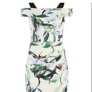 Karen Millen Dress Midi Off The Shoulder Lilly Pad Floral Printed White Size 10